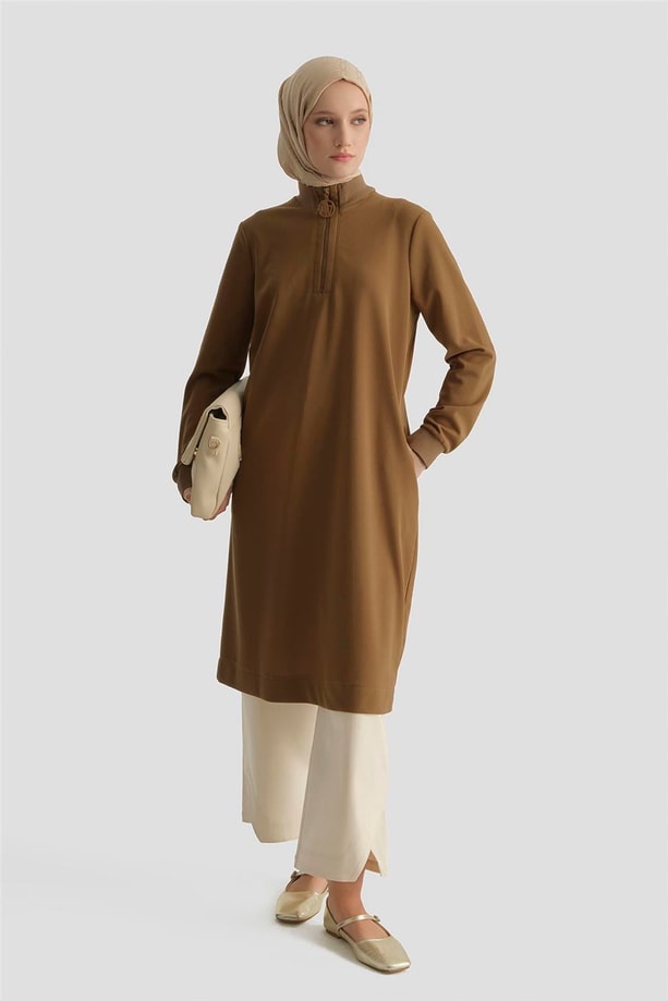 Fermuar Detaylı Basic Tunik TARÇIN