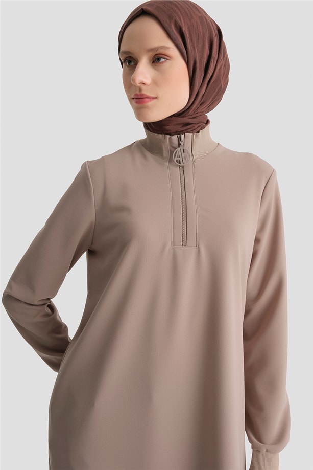 Fermuar Detaylı Basic Tunik Vizon