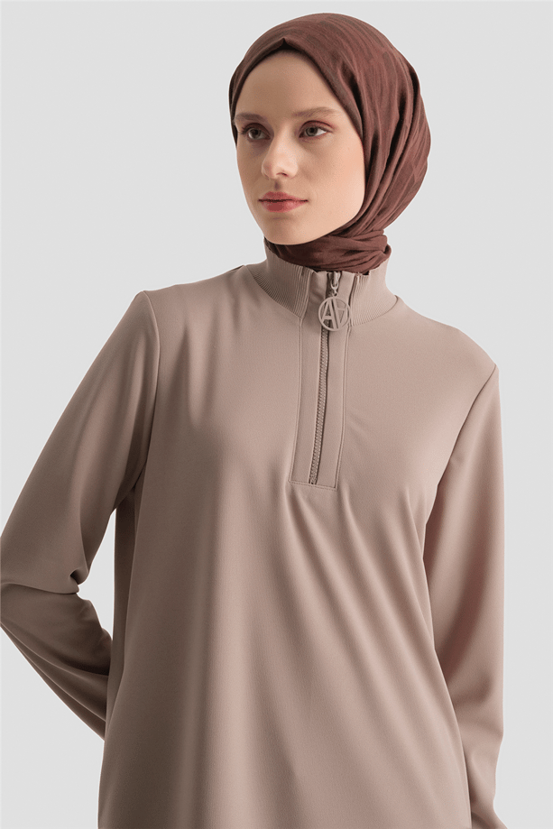 Fermuar Detaylı Basic Tunik Vizon