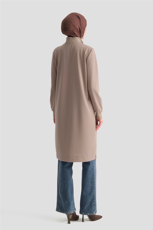 Fermuar Detaylı Basic Tunik Vizon