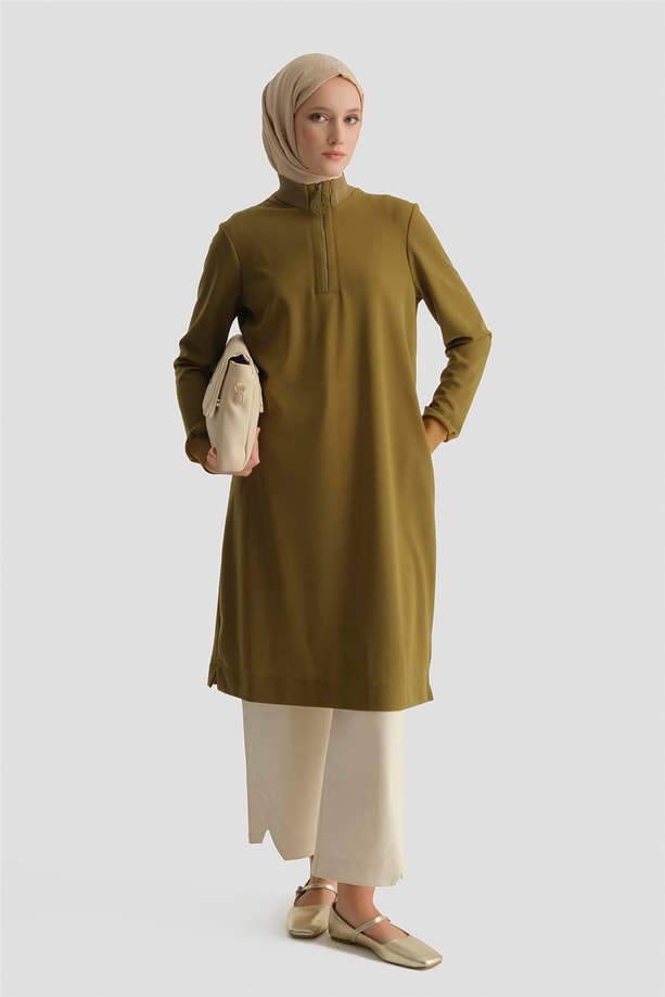 Fermuar Detaylı Basic Tunik Yağ Yeşili