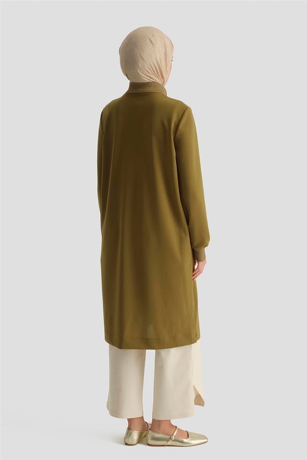 Fermuar Detaylı Basic Tunik Yağ Yeşili