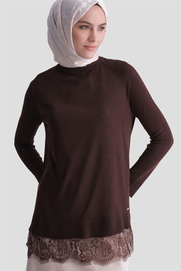 Dantelli Rayon Tunik Acı Kahve