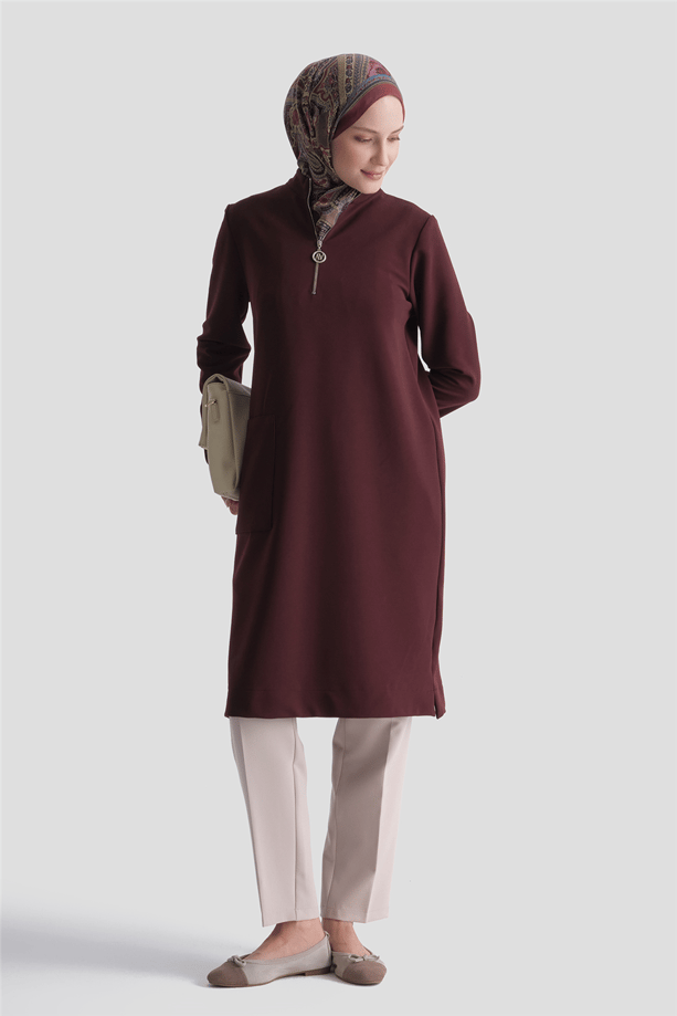 Cep Detaylı Basic Tunik Bordo 