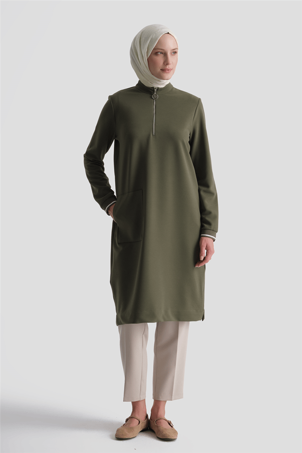 Cep Detaylı Basic Tunik Haki 