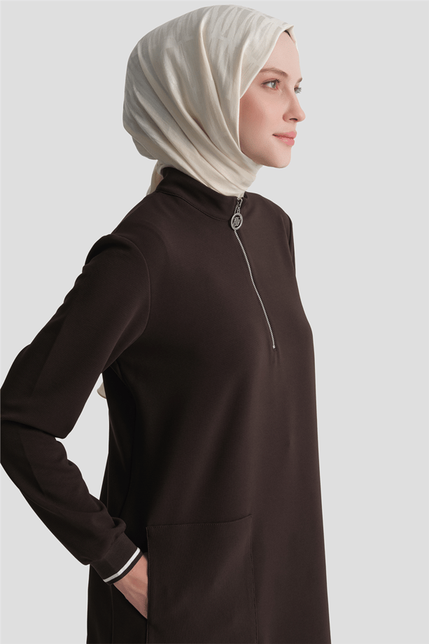 Cep Detaylı Basic Tunik Kahverengi 