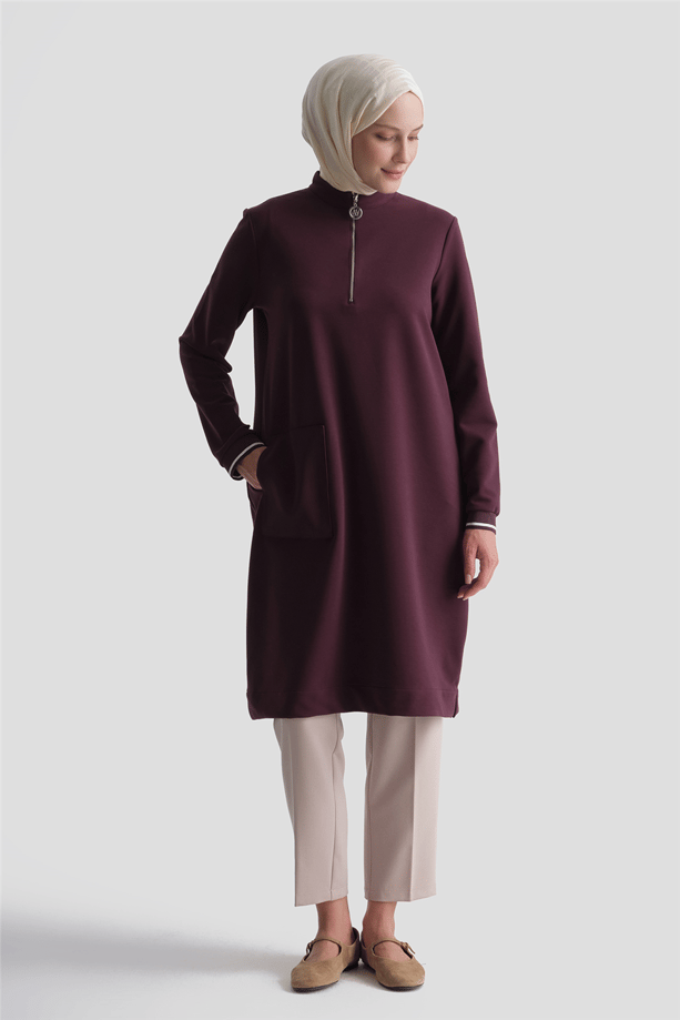 Cep Detaylı Basic Tunik Mürdüm 