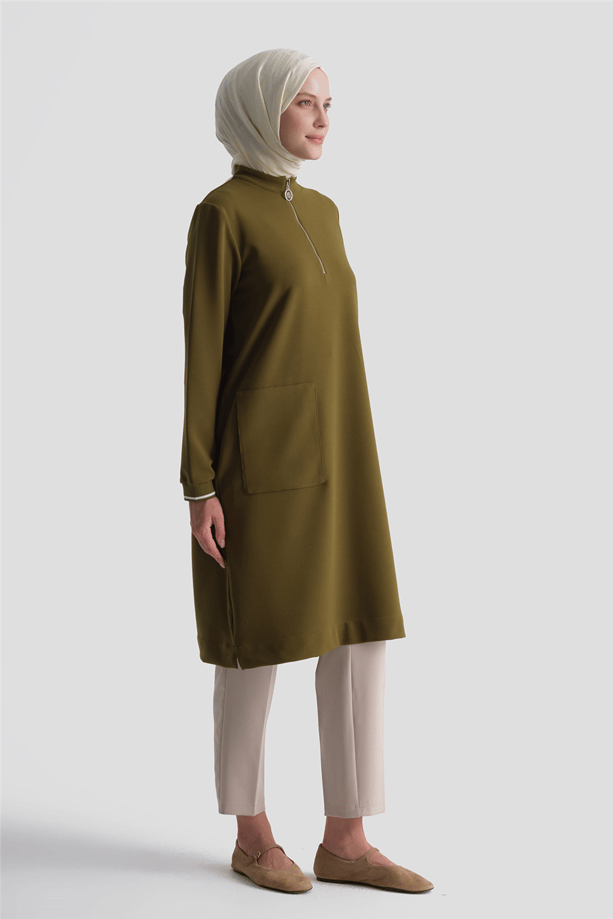 Cep Detaylı Basic Tunik Yağ Yeşili 