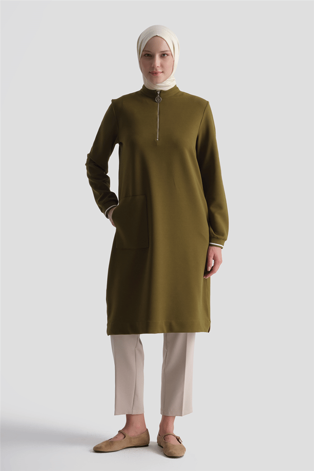 Cep Detaylı Basic Tunik Yağ Yeşili 