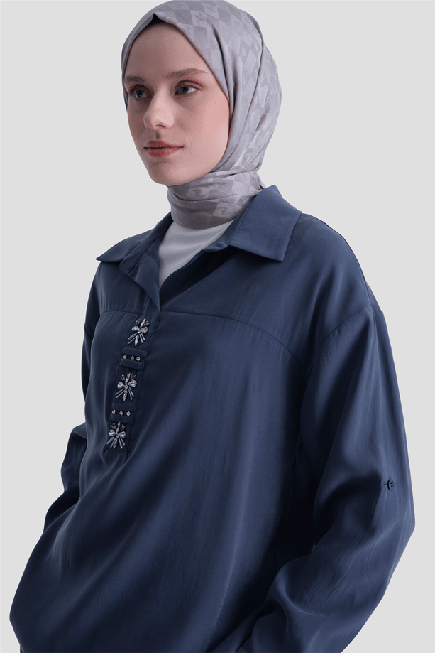 Taş İşlemeli Tunik Lacivert