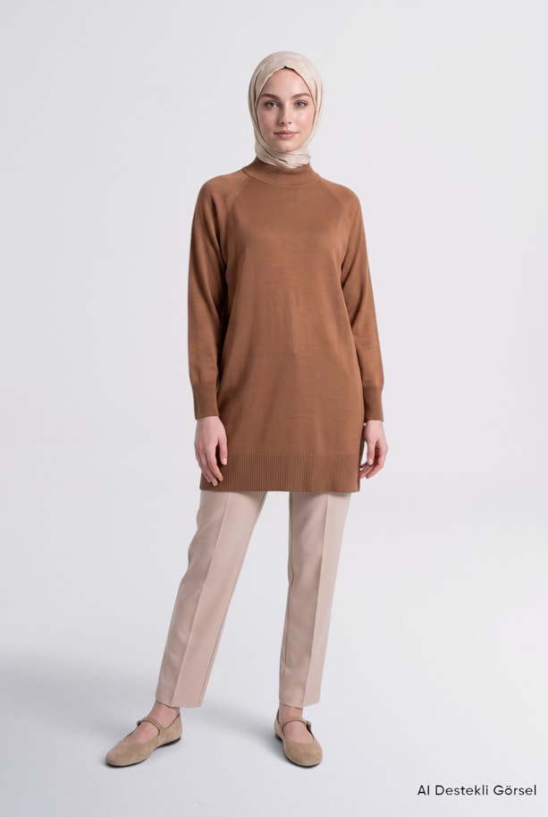 Yüksek Yaka Basic Triko Tunik Camel