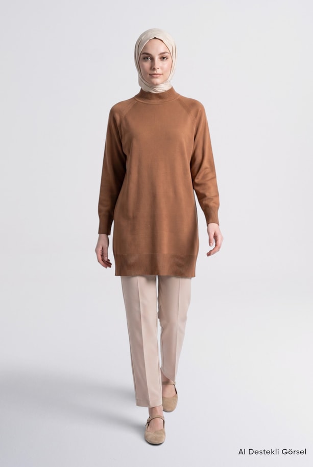 Yüksek Yaka Basic Triko Tunik Camel