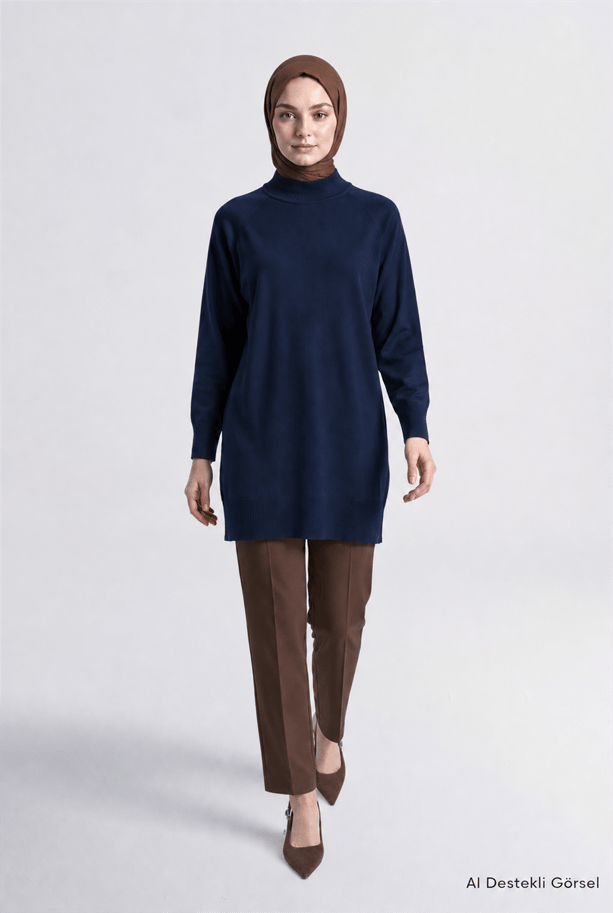 Yüksek Yaka Basic Triko Tunik Lacivert 