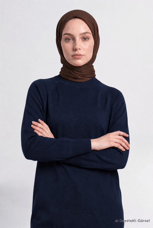 Yüksek Yaka Basic Triko Tunik Lacivert 