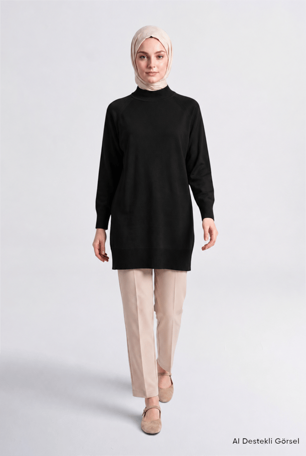Yüksek Yaka Basic Triko Tunik Siyah 