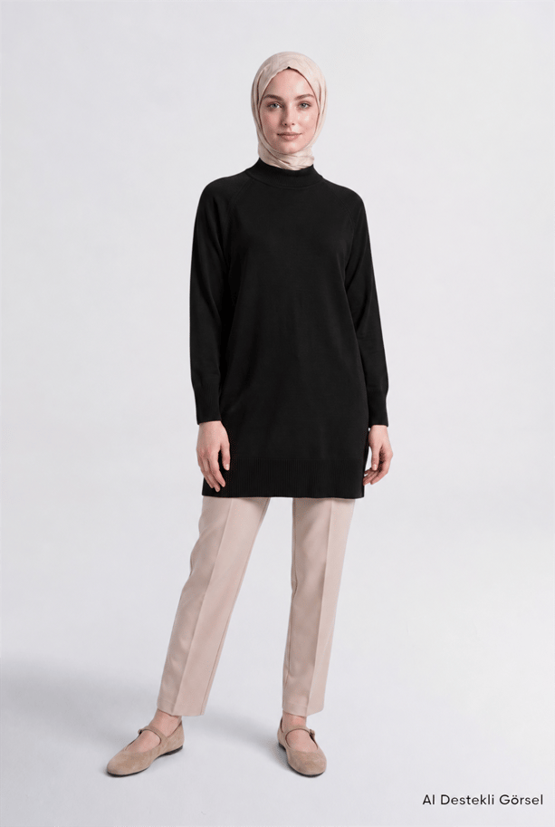 Yüksek Yaka Basic Triko Tunik Siyah 