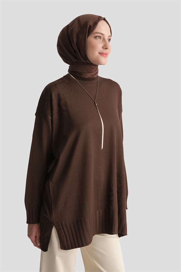 Jakar Desenli Triko Tunik Acı Kahve