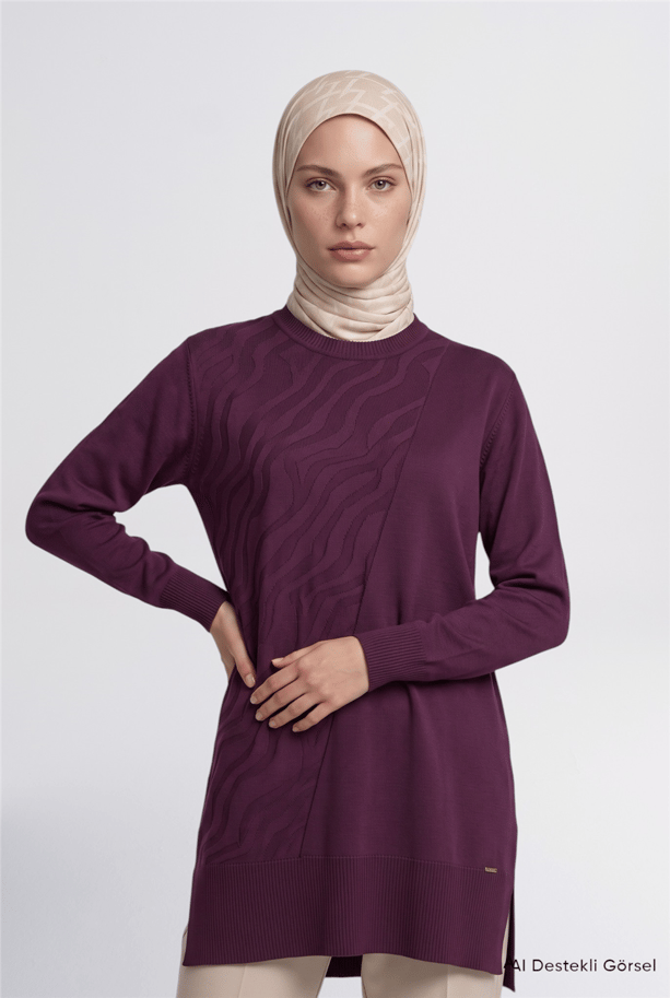 Zebra Desenli Triko Tunik Mürdüm