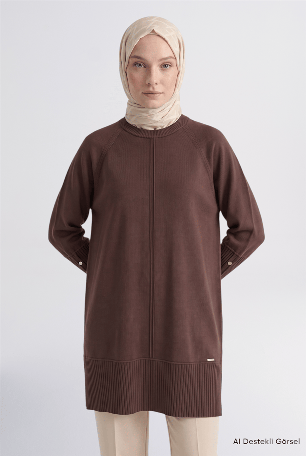 Kolları Düğme Detaylı Triko Tunik Acı Kahve 