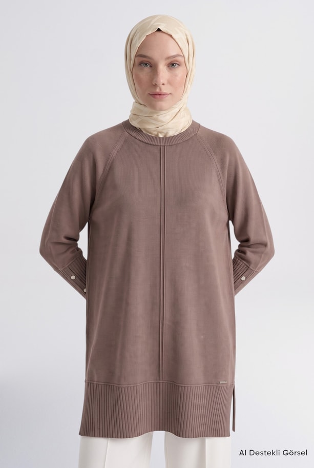 Kolları Düğme Detaylı Triko Tunik Koyu Vizon 