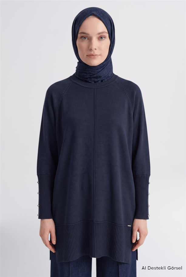 Kolları Düğme Detaylı Triko Tunik Lacivert 