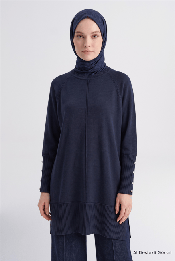 Kolları Düğme Detaylı Triko Tunik Lacivert 