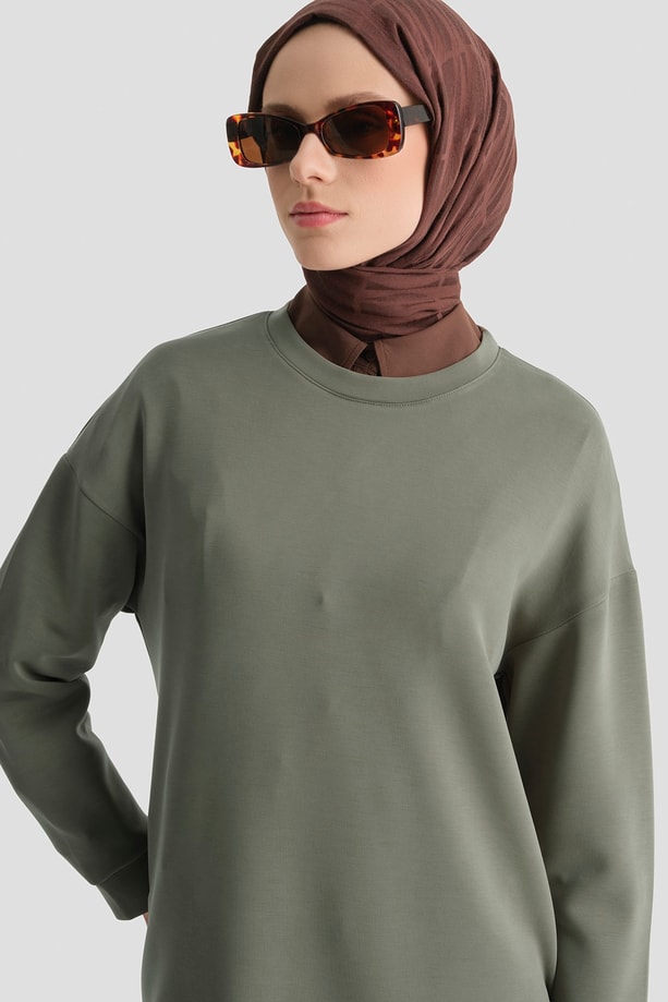 Modal Karışımlı Basic Tunik Haki