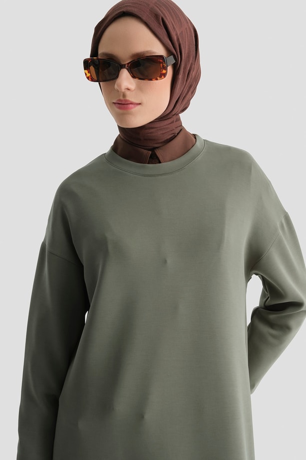 Modal Karışımlı Basic Tunik Haki