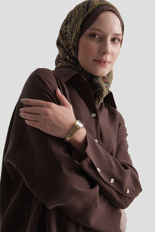 Kolları Düğmeli Rayon Tunik Kahverengi 