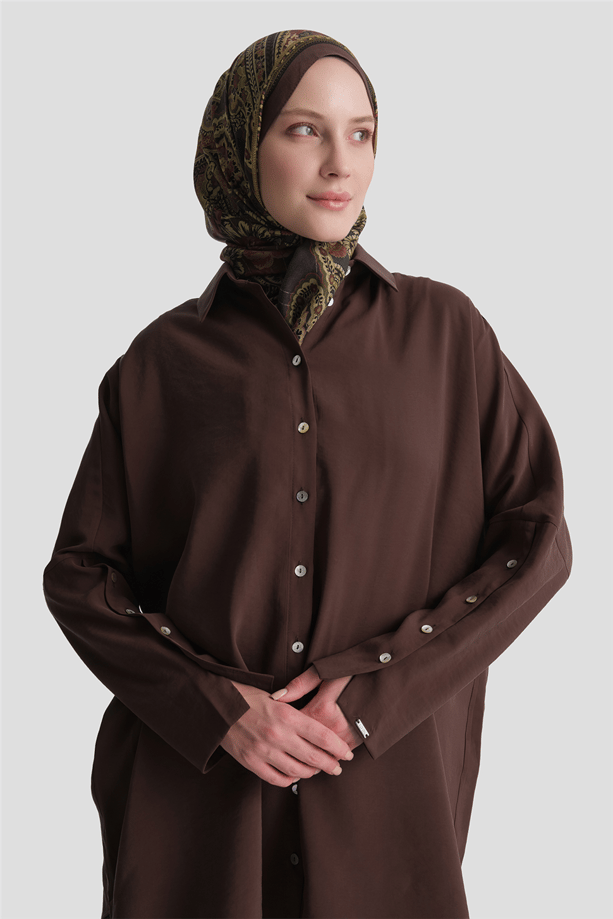 Kolları Düğmeli Rayon Tunik Kahverengi 