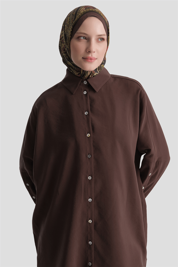 Kolları Düğmeli Rayon Tunik Kahverengi 