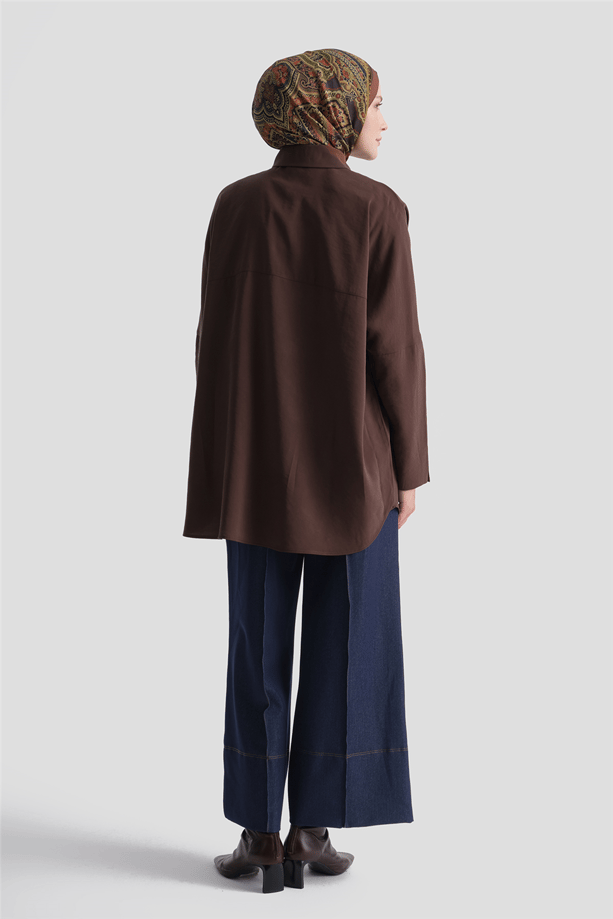 Kolları Düğmeli Rayon Tunik Kahverengi 
