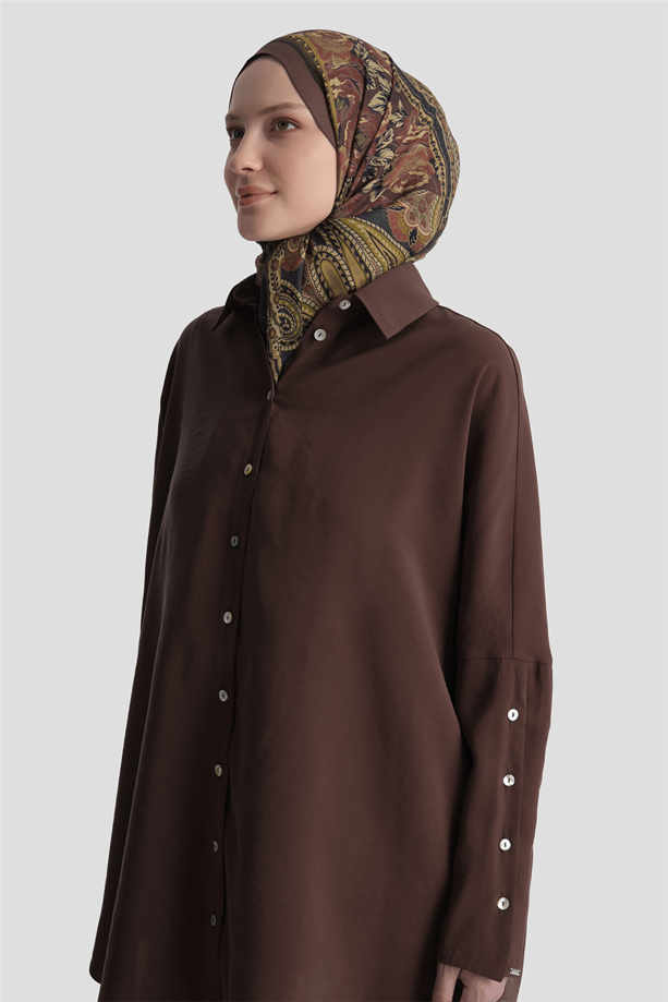 Kolları Düğmeli Rayon Tunik Kahverengi 