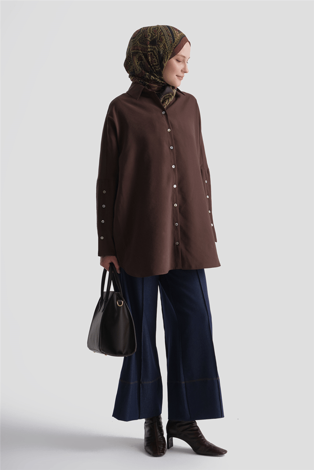 Kolları Düğmeli Rayon Tunik Kahverengi 