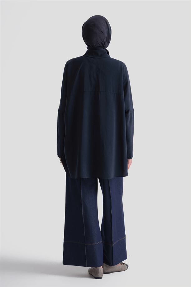 Kolları Düğmeli Rayon Tunik Lacivert 