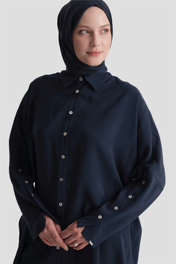 Kolları Düğmeli Rayon Tunik Lacivert 