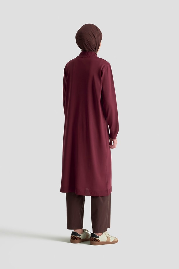 Fermuar Detaylı Triko Tunik Bordo