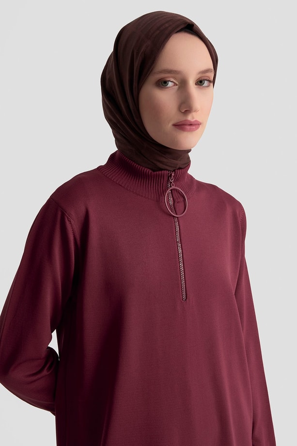 Fermuar Detaylı Triko Tunik Bordo