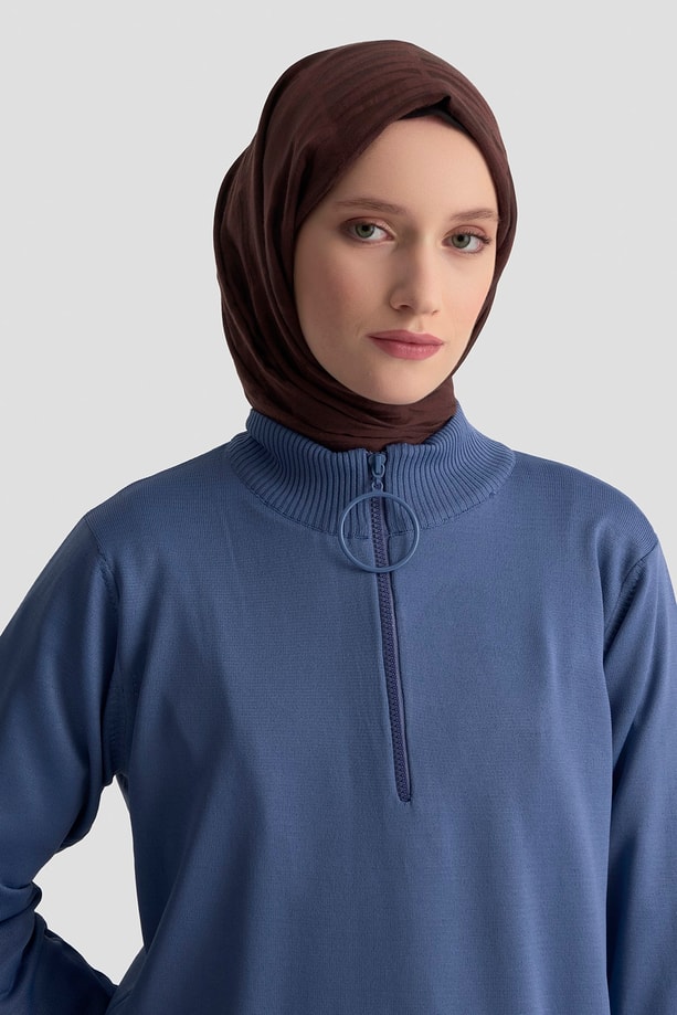 Fermuar Detaylı Triko Tunik İndigo