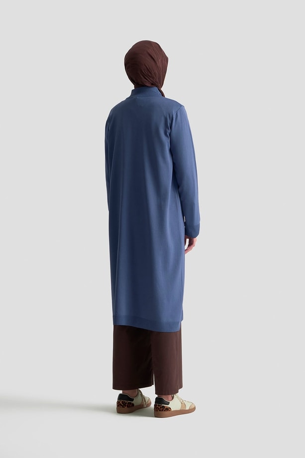 Fermuar Detaylı Triko Tunik İndigo