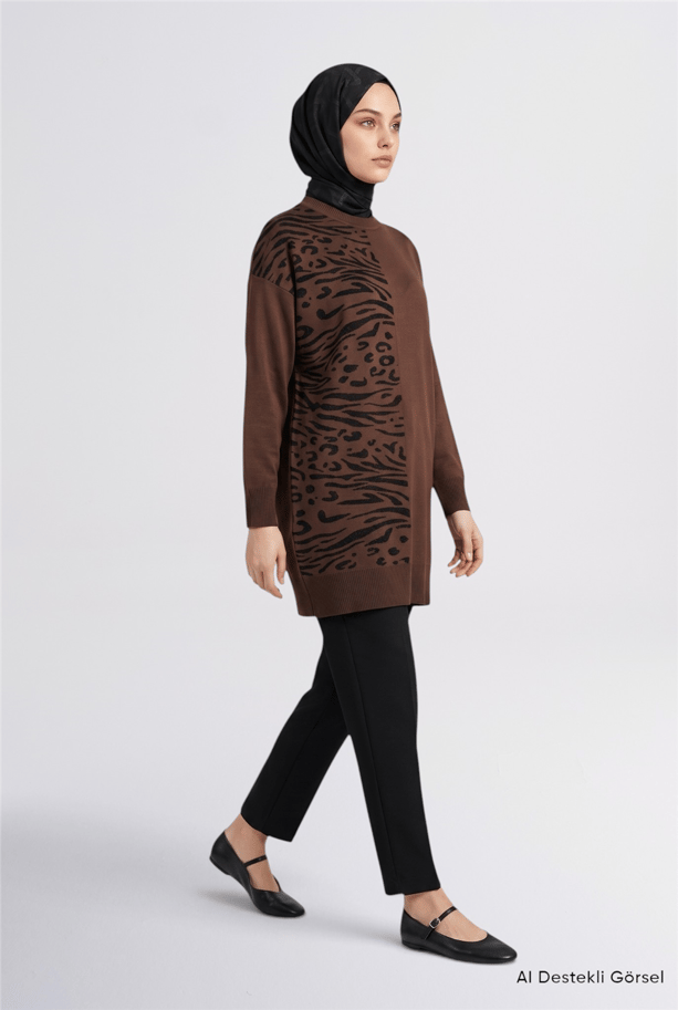 Leopar Desenli Triko Tunik Acı Kahve