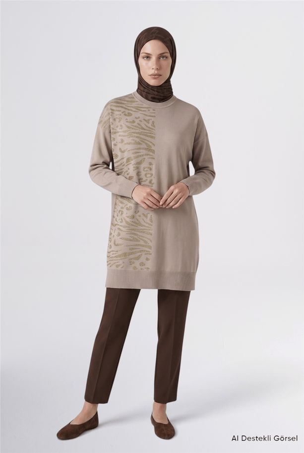 Leopar Desenli Triko Tunik BEJ