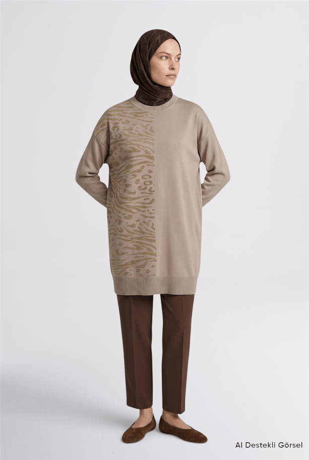Leopar Desenli Triko Tunik BEJ