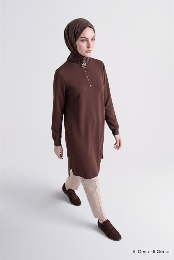 Fermuar Detaylı Basic Tunik Acı Kahve