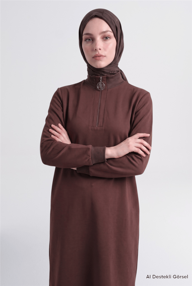 Fermuar Detaylı Basic Tunik Acı Kahve