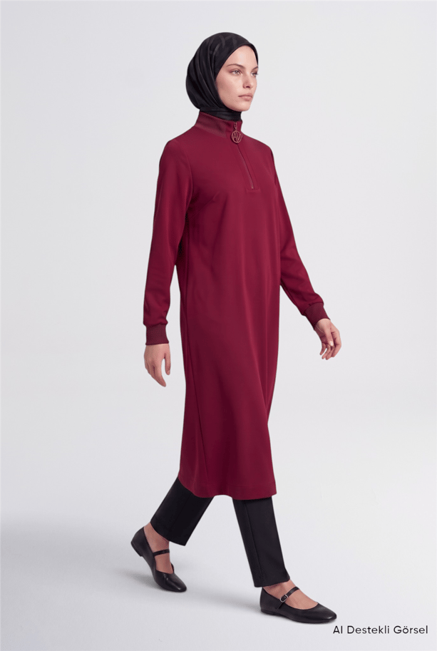 Fermuar Detaylı Basic Tunik Bordo