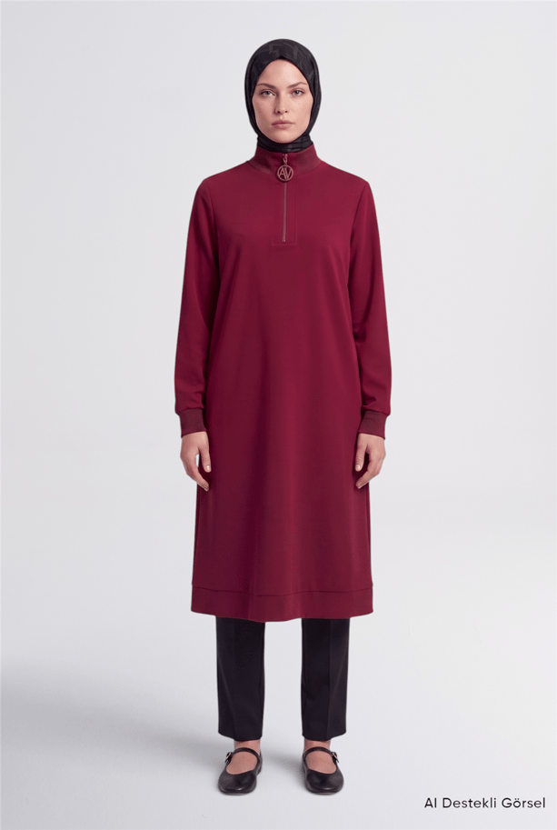 Fermuar Detaylı Basic Tunik Bordo