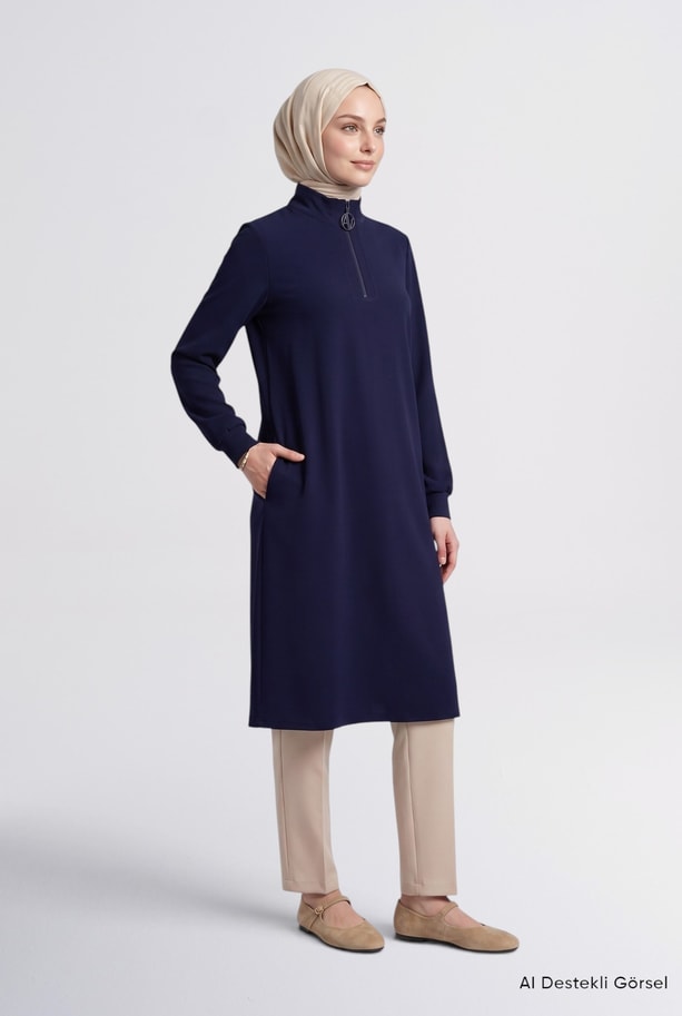 Fermuar Detaylı Basic Tunik Lacivert