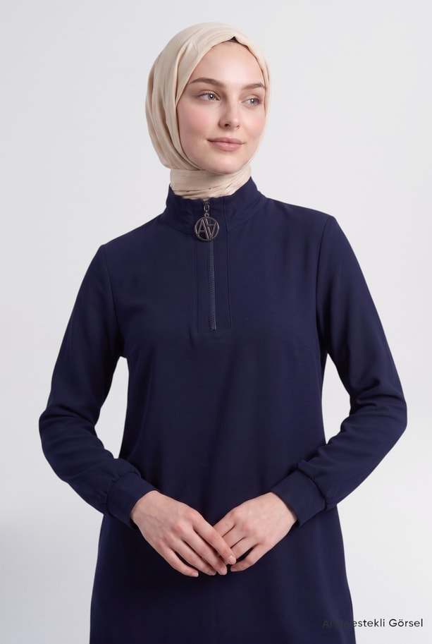 Fermuar Detaylı Basic Tunik Lacivert