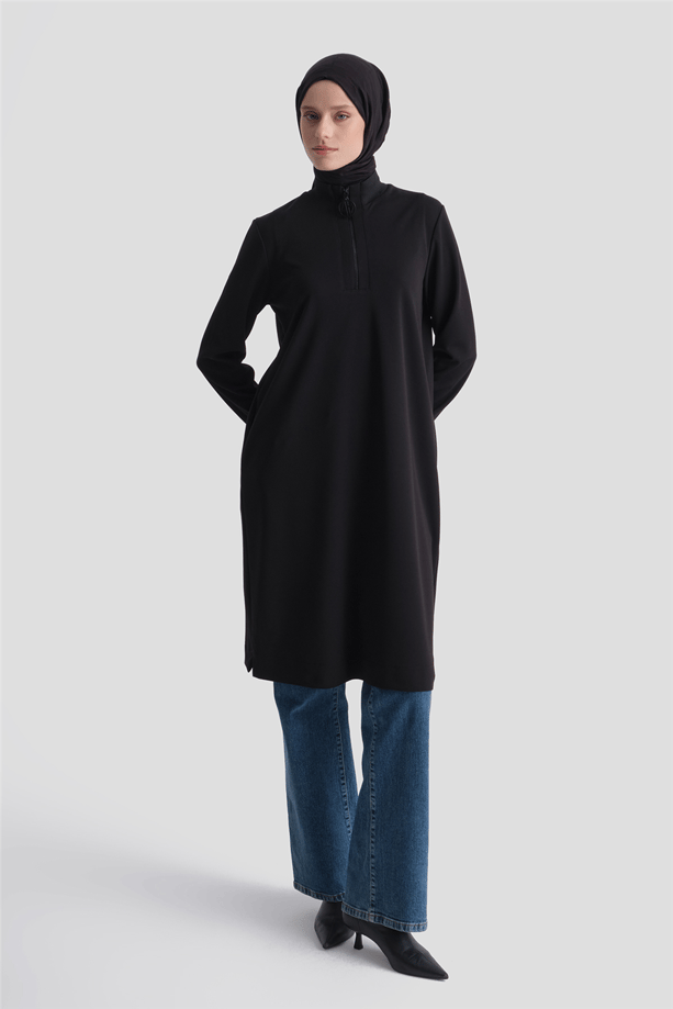 Fermuar Detaylı Basic Tunik Siyah 